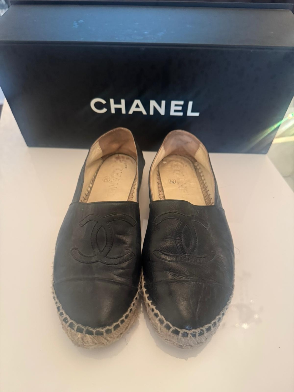 Chanel Black Leather Espadrille Flats